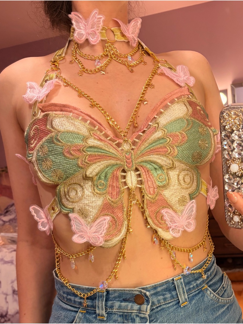 NWT Butterfly Embroidered Crop Top with Gold Chain Jewel Accents